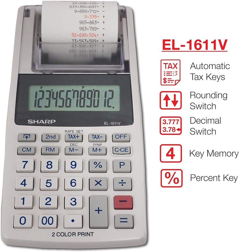 SHARP آلة حاسبة محمولة لاسلكية EL-1611V بشاشة LCD كبيرة 12 رقم وطباعة ثنائية اللون مع وظائف ضريبية - Image 3